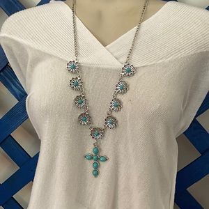 CHRISTMAS SALE🎄Silver Turquoise Cross Necklace Turquoise Silver Flowers